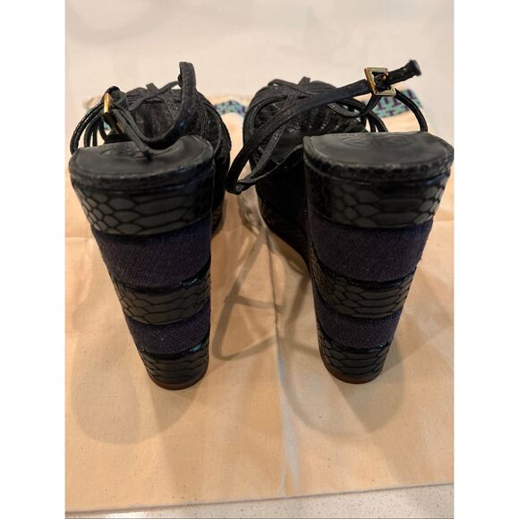 Tory Burch Women's Strappy Leather Snakeskin Platform Wedge Sandals Black Size 9 - Picture 6 of 10